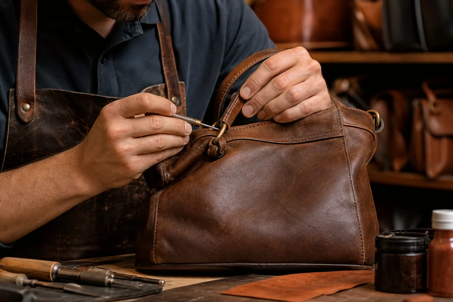 Sapateiro reformando bolsa de couro em Parnaíba.